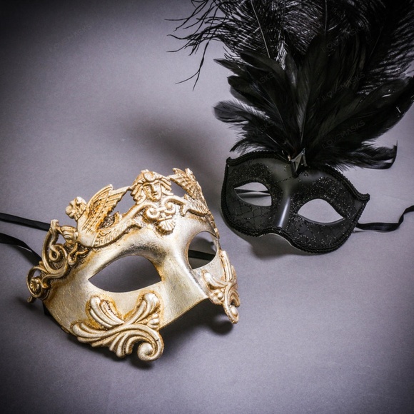 Silver Roman Greek Emperor & Black Feather Women Mardi Gras Dance Party Eye Mask - Picture 1 of 1
